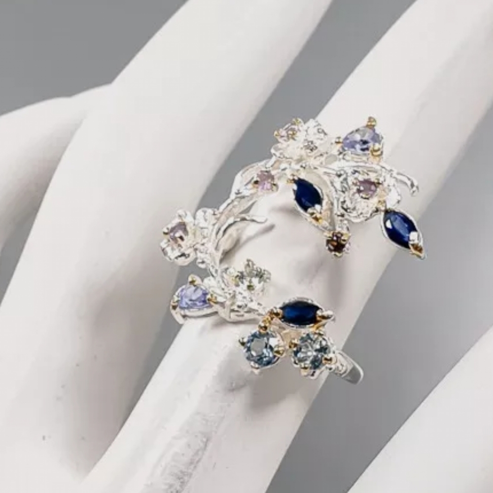 Sapphire Amethyst Tanzanite &Topaz Floral wreath Sterling Ring sz6.75 - Picture 6 of 10